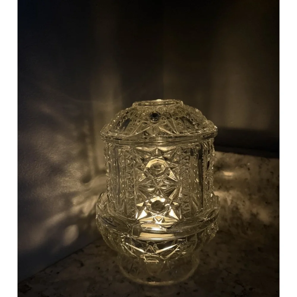 Vintage Indiana Glass Stars & Bars Clear Fairy Lamp Candle Holder MCM 6.5